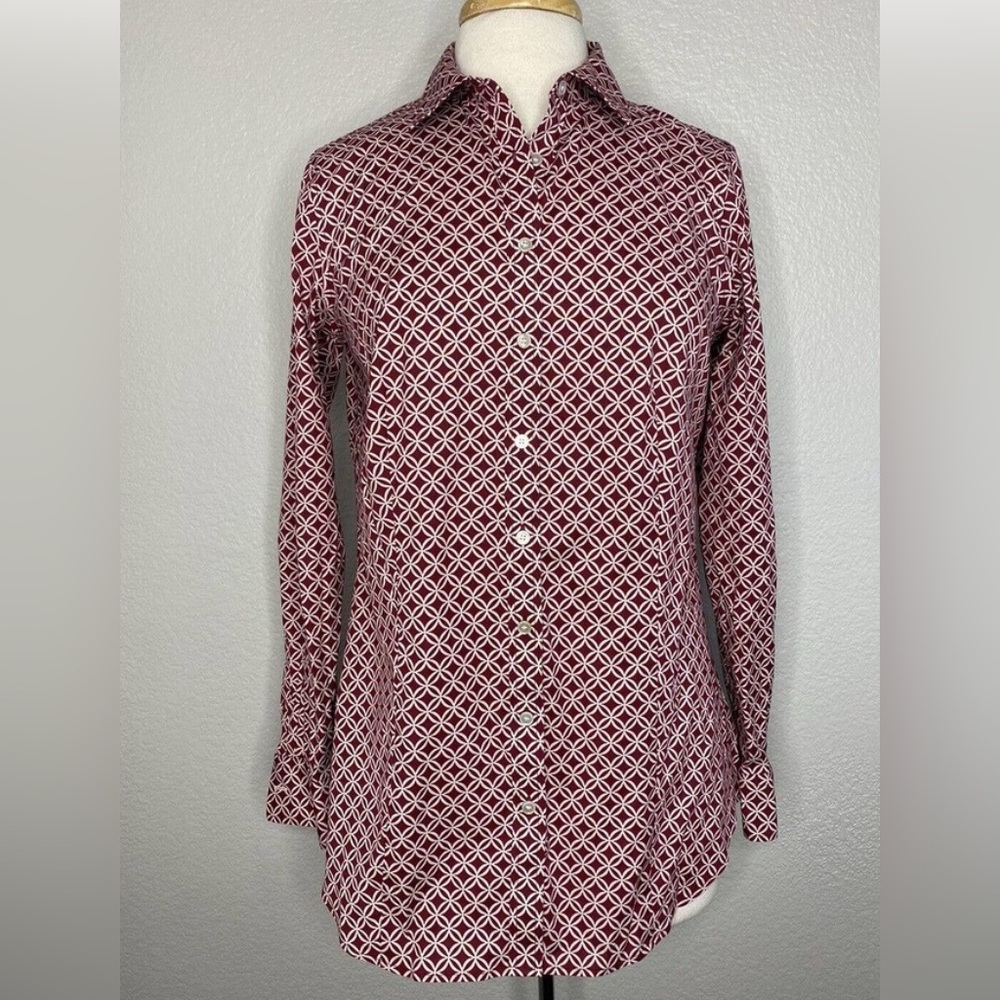Talbots Wrinkle Resistant Red & White Geometric Button-Down Shirt Size 12
